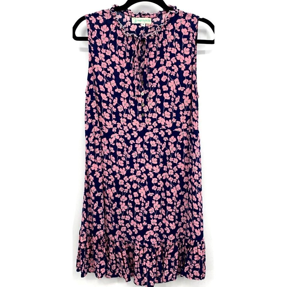 Angels By The Sea Womens Dress Size Medium M Sleeveless Button Navy Pink Floral